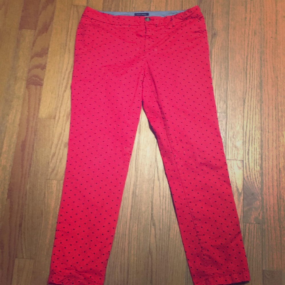 Cute cherry red pants with polka dots.